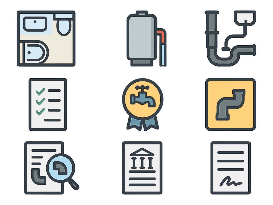 Plumbing Permit Icons. Flat icon set of residential plumbing permits: bathroom layout, water heater diagram,