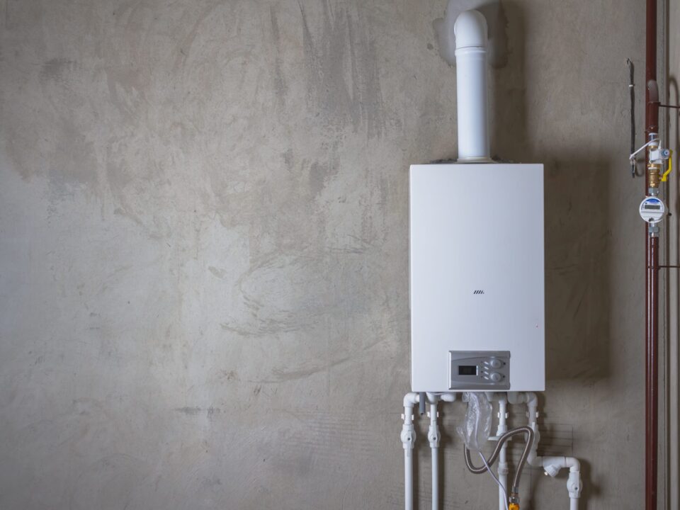 A white tankless water heater, with integrated technology and precision controls, is mounted on a concrete wall and connected to a series of pipes including a white PVC ventilation flue extending upwards and several pipes beneath, alongside an brown pipe with a gauge and a yellow lever valve.
